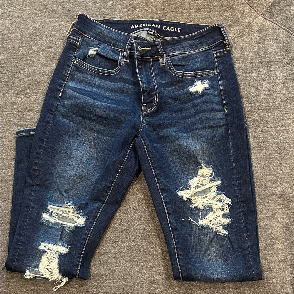 American Eagle Outfitters Women's Ripped Dark Blue Skinny Jeans